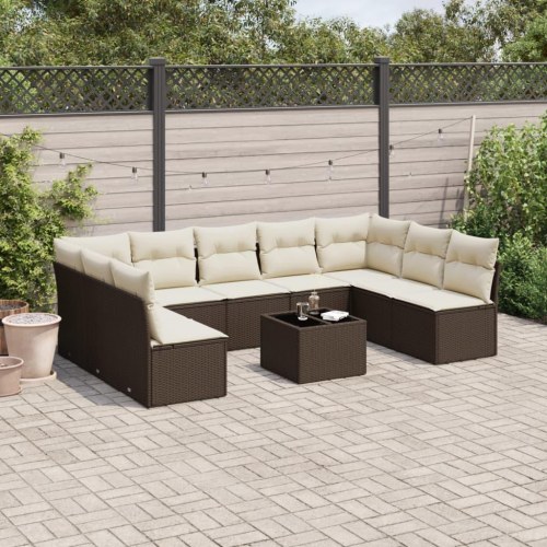 Sofasæt til haven i polyrattan - 10 dele med hynder, brun