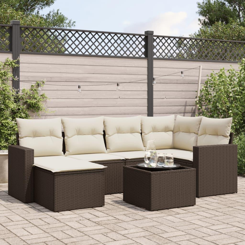 Sofasæt Til Haven 6 Dele Med Hynder Polyrattan Beige - Brun og cremefarvet / Med bord
