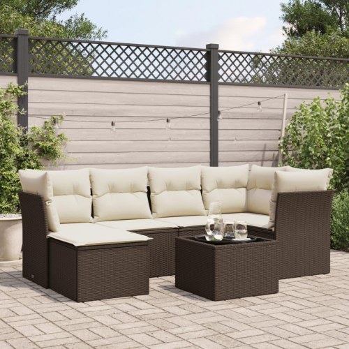 Sofasæt til haven i polyrattan - 7 dele, brun med hynder