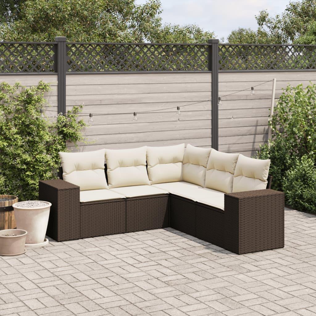Sofasæt Til Haven 5 Dele Med Hynder Polyrattan Sort - Brun og cremefarvet / Uden bord