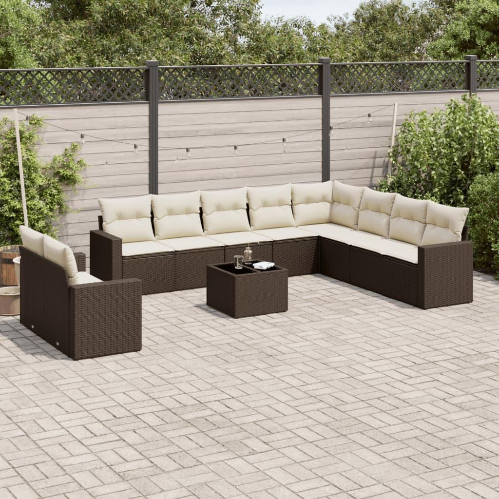 Sofasæt Til Haven 11 Dele Med Hynder Polyrattan - Brun og cremefarvet / Med bord