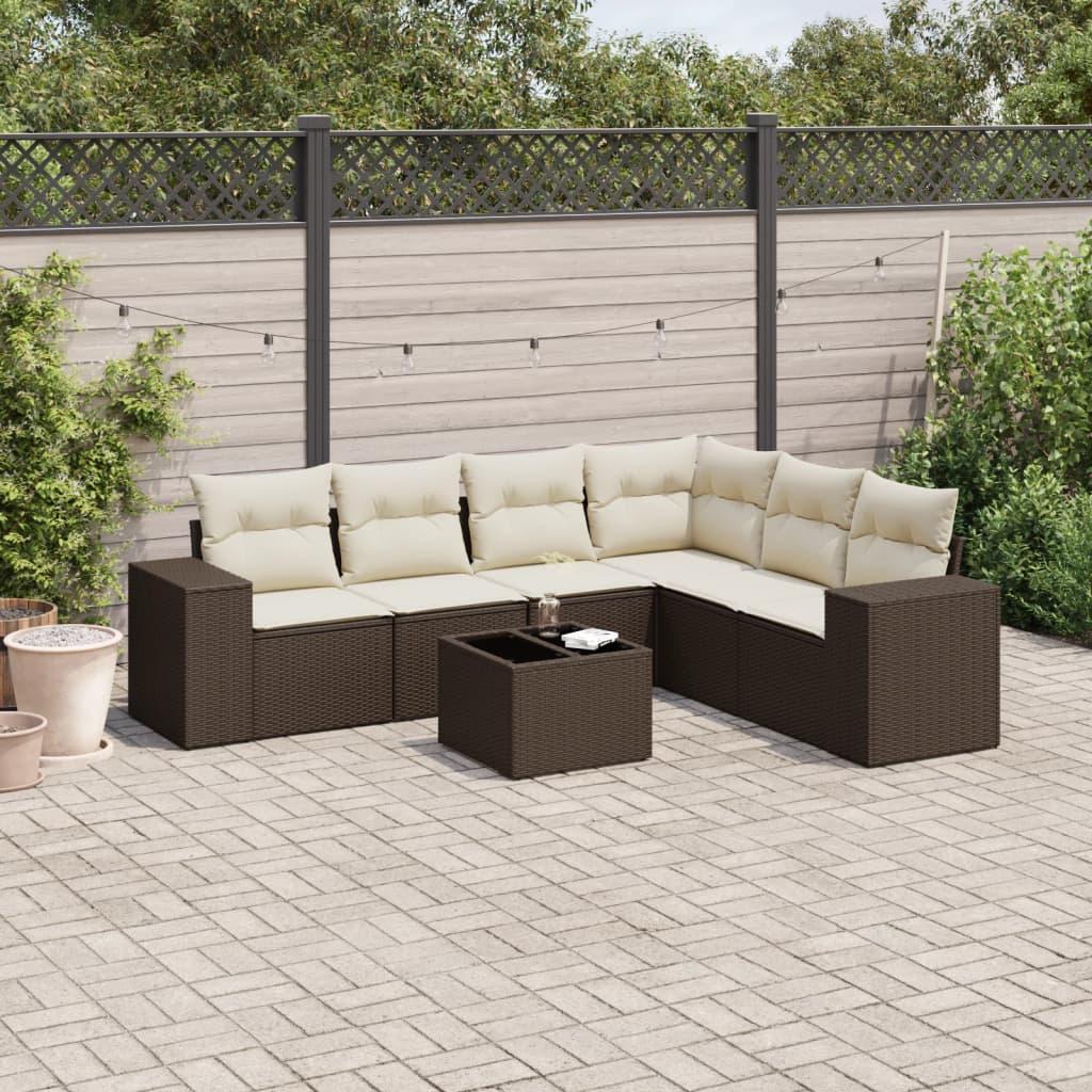 Sofasæt til haven i polyrattan - 7 dele med hynder, brun