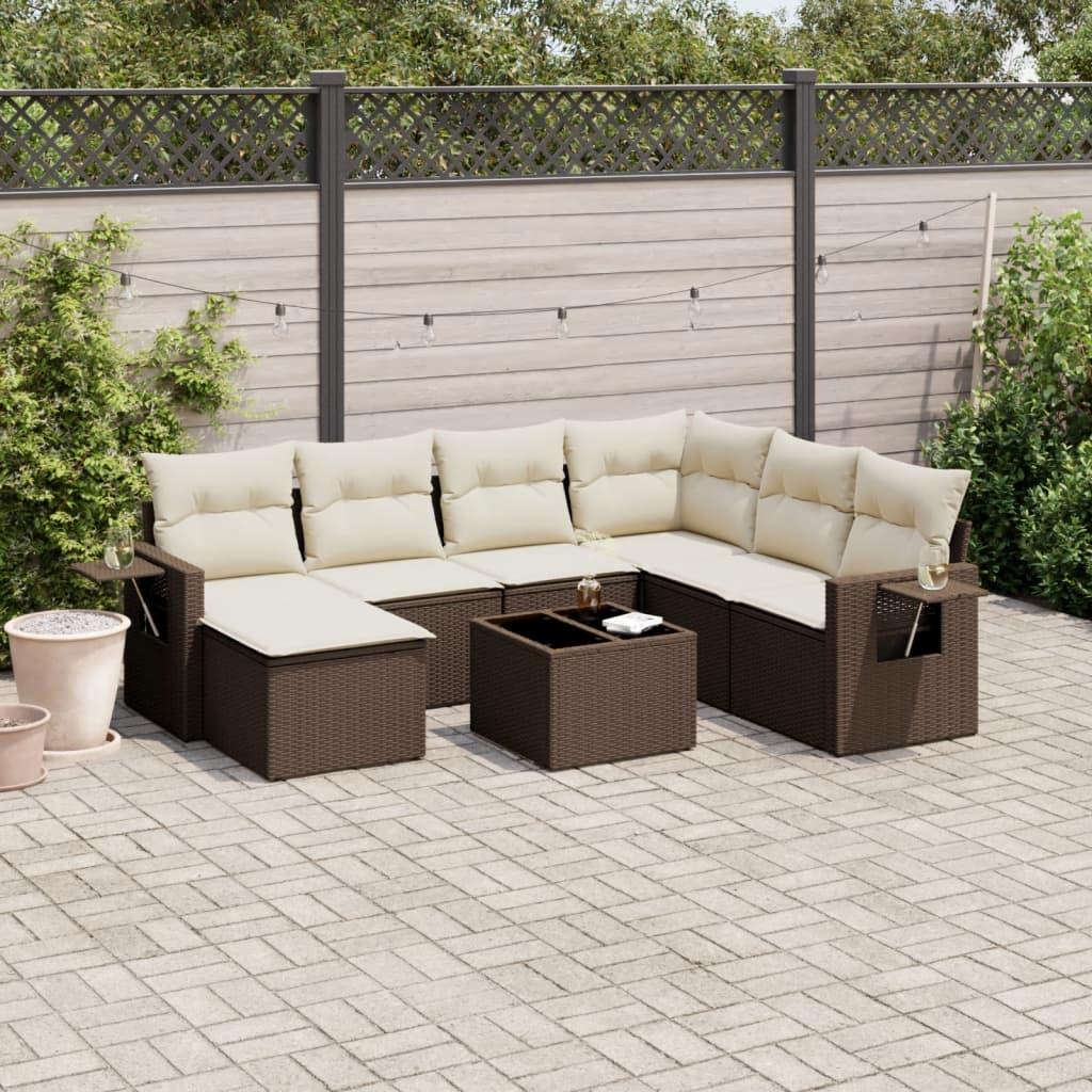 Sofasæt Til Haven 7 Dele Med Hynder Polyrattan - Brun og cremefarvet / Med bord