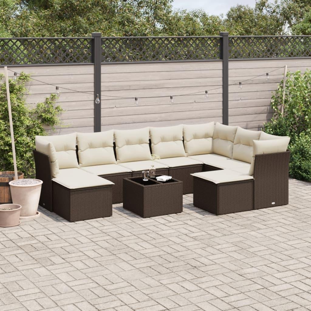 Sofasæt Til Haven 10 Dele Med Hynder Polyrattan - Brun og cremefarvet / Med bord