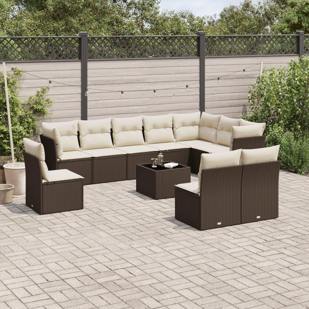 Sofasæt Til Haven 10 Dele Med Hynder Polyrattan - Brun og cremefarvet / Med bord