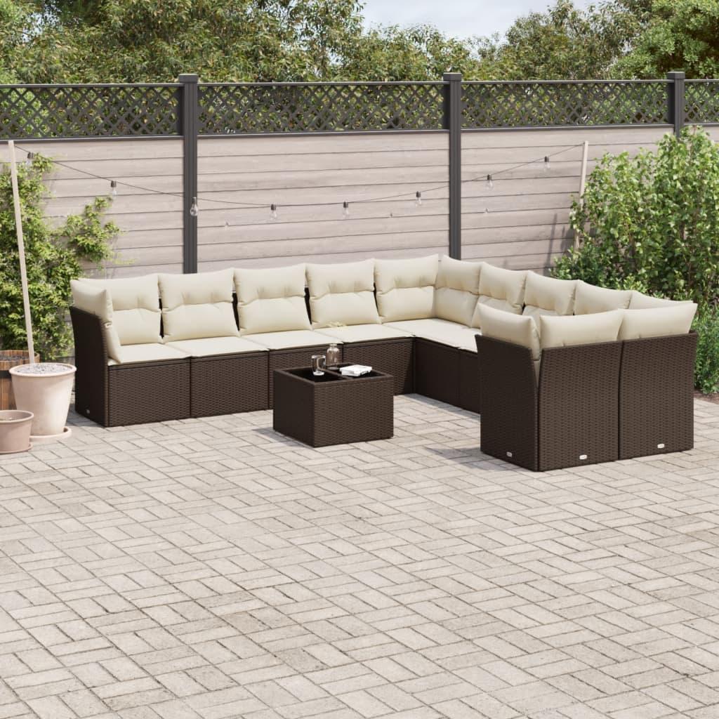 Sofasæt Til Haven 11 Dele Med Hynder Polyrattan - Brun og cremefarvet / Med bord