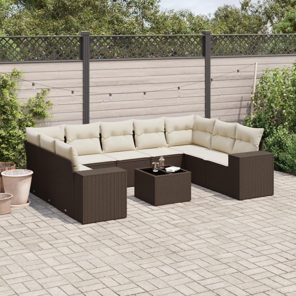 Sofasæt Til Haven 9 Dele Med Hynder Polyrattan - Brun og cremefarvet / Med bord