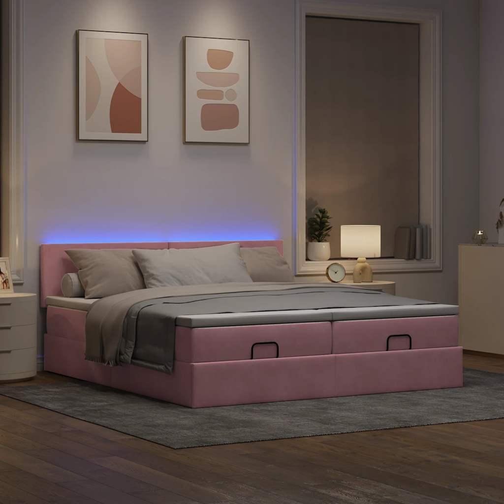 Osmannisk sengeramme med madrasser 200×200 cm - fløjl, lyserød med LED