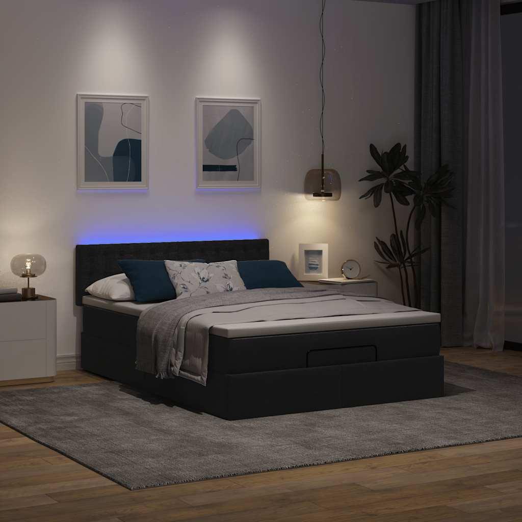 Ottoman seng med madras & LEDs Sort 140x200 cm Stof billede