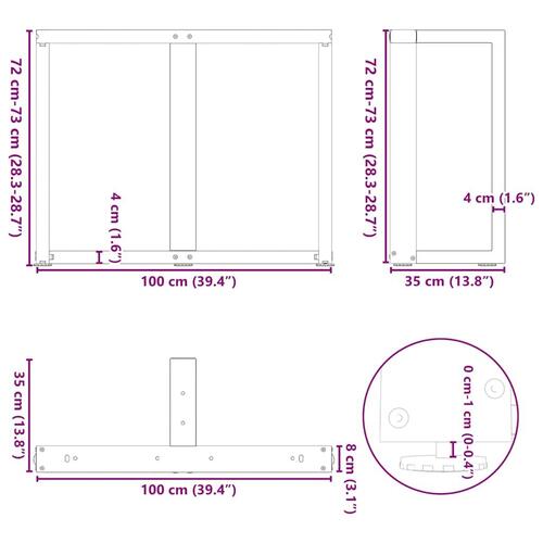 Spisebordsben T-formet 2 stk 100x35x(72-73) cm stål sort