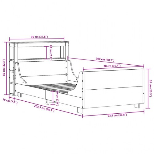 Sengeramme 90x200 cm i massivt fyrretræ - hvid med sengegavl og hylder