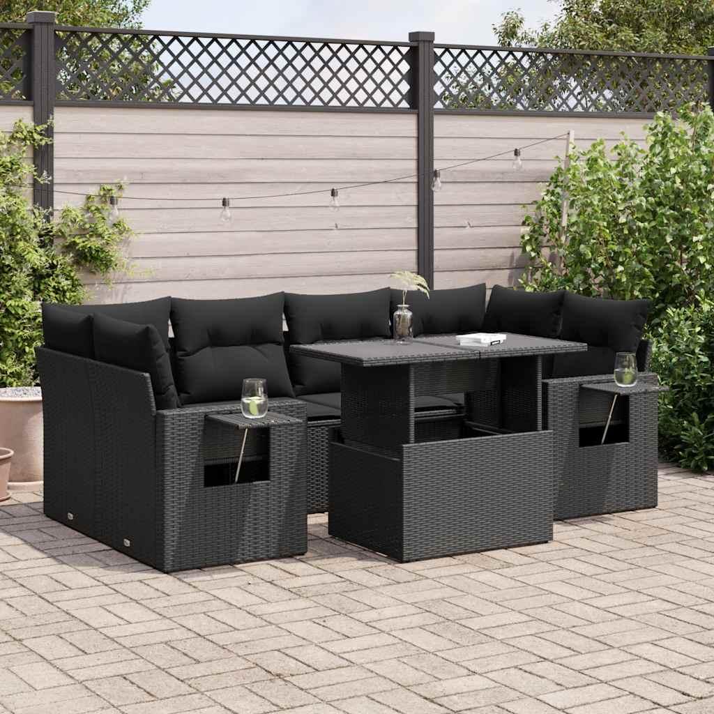 Sofasæt Til Haven 7 Dele Med Hynder Polyrattan Sort - Sort / med opbevaring