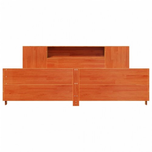 Sengeramme 200x200 cm i massivt fyrretræ - gyldenbrun med opbevaringsgavl
