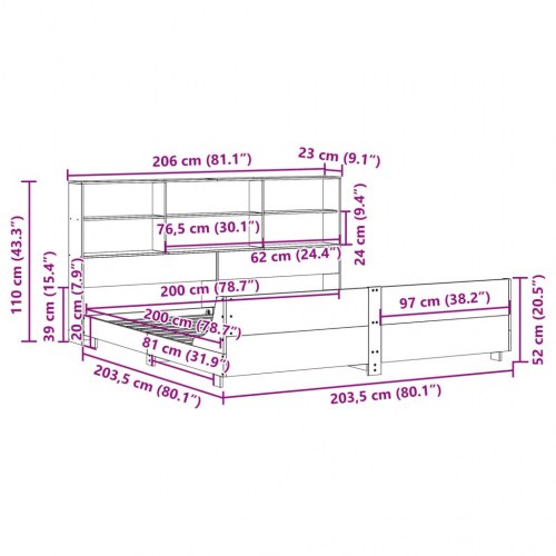 Sengeramme 200x200 cm i massivt fyrretræ - gyldenbrun med sengegavl og opbevaring