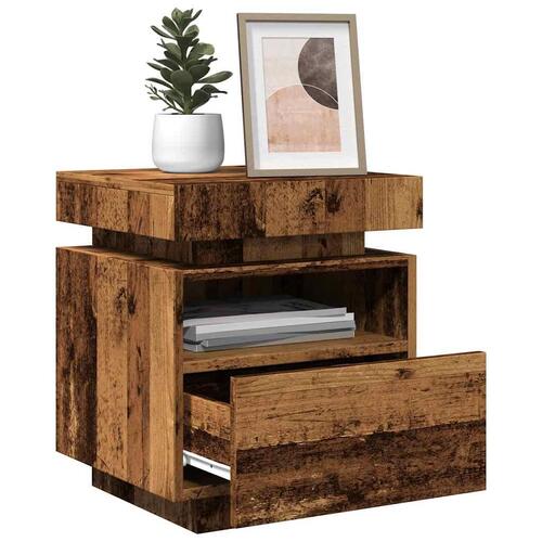 Sengebord med LED-lys 40x39x48,5 cm antikt træ