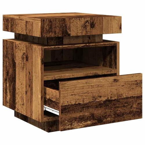 Sengebord med LED-lys 40x39x48,5 cm antikt træ