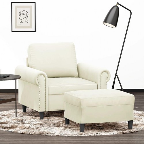 Sofastol med fodskammel i velour - 60 cm, cremefarvet