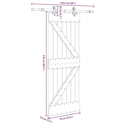 Skydedør med monteringssæt 70x210 cm massivt fyrretræ