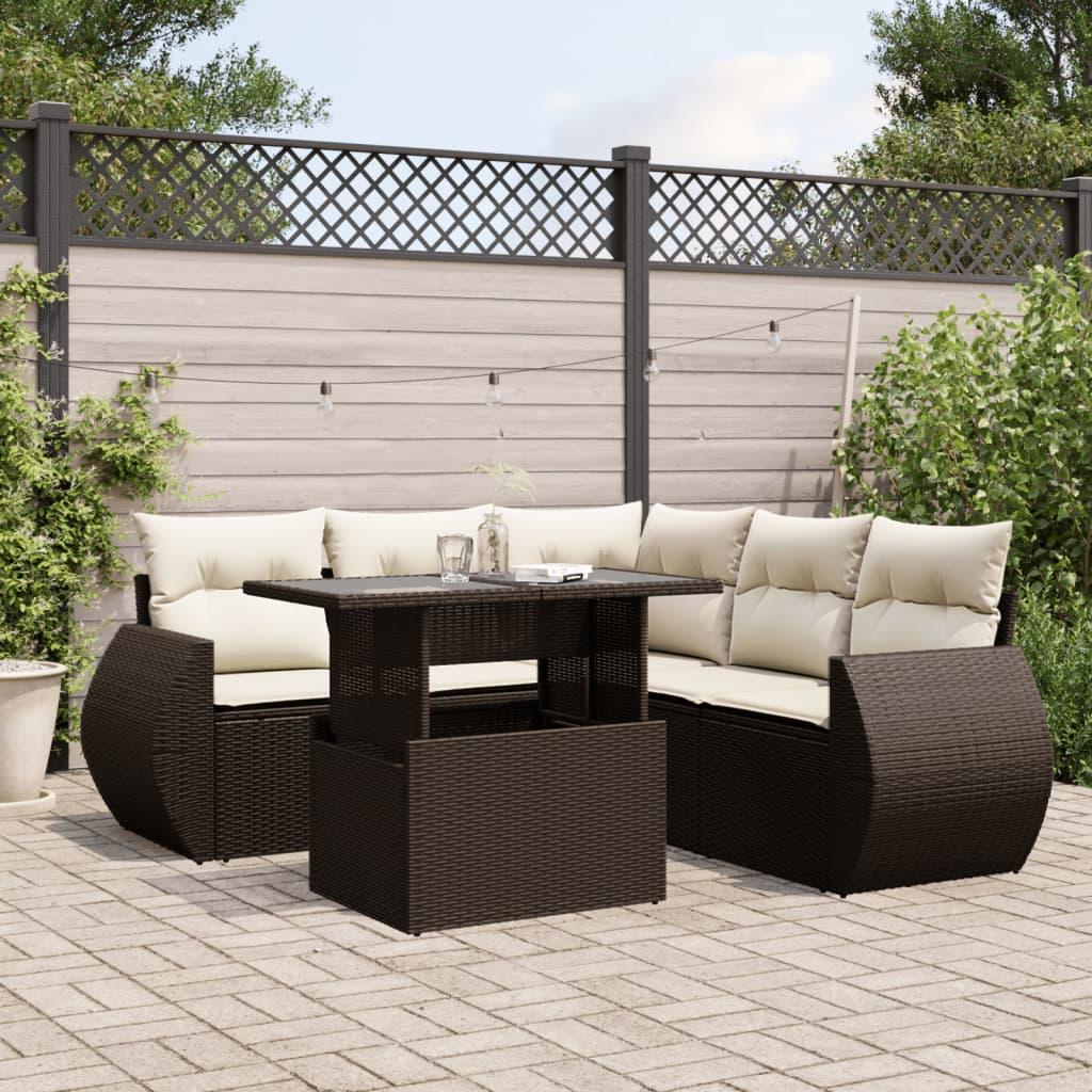 Sofasæt til haven i polyrattan - 6 dele med hynder, brun