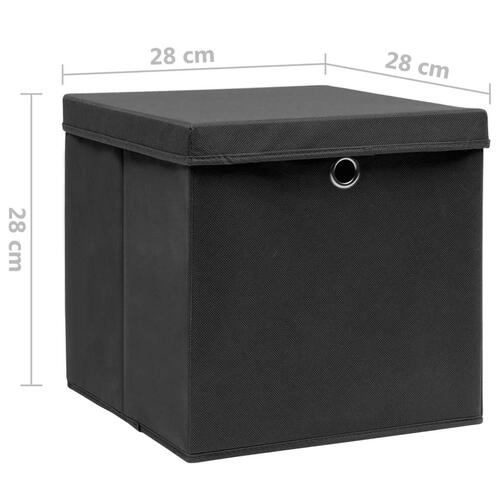Opbevaringskasser med låg 10 stk. 28x28x28 cm sort