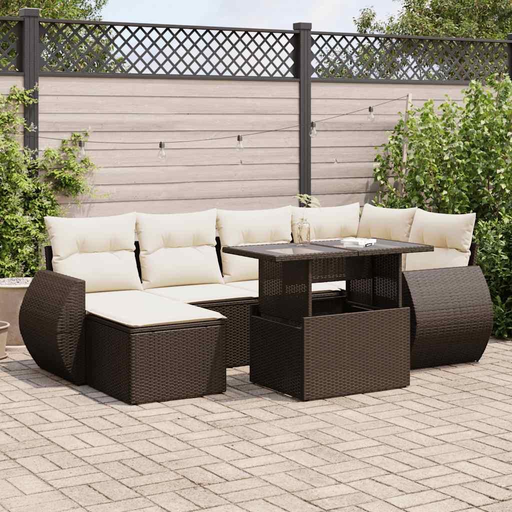 Sofasæt Til Haven 7 Dele Med Hynder Polyrattan Sort - Brun og cremefarvet / med opbevaring