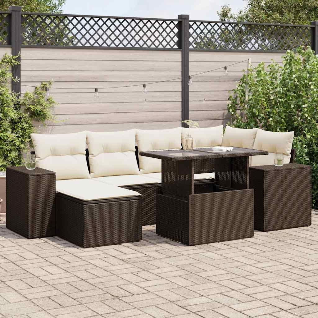 Sofasæt Til Haven 7 Dele Med Hynder Polyrattan - Brun og cremefarvet / med opbevaring