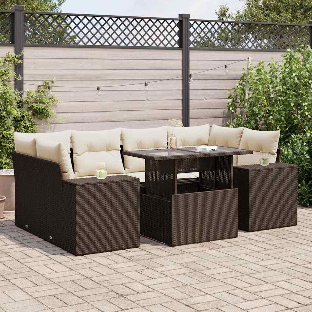 Sofasæt Til Haven 7 Dele Med Hynder Polyrattan - Brun og cremefarvet / med opbevaring