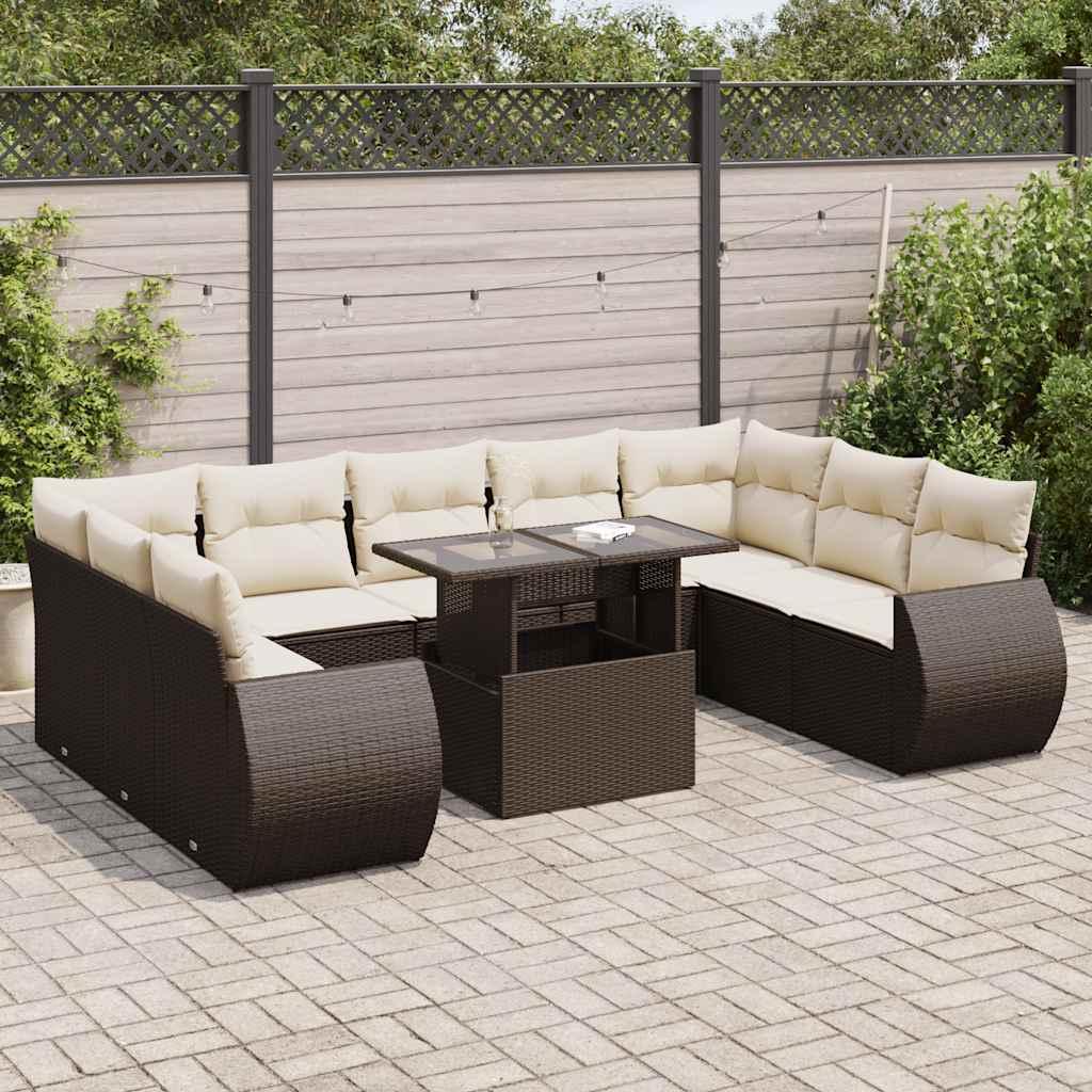 Sofasæt Til Haven 10 Dele Med Hynder Polyrattan Sort - Brun og cremefarvet / med opbevaring