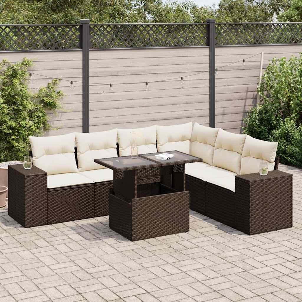 Sofasæt Til Haven 7 Dele Med Hynder Polyrattan Sort - Brun og cremefarvet / med opbevaring