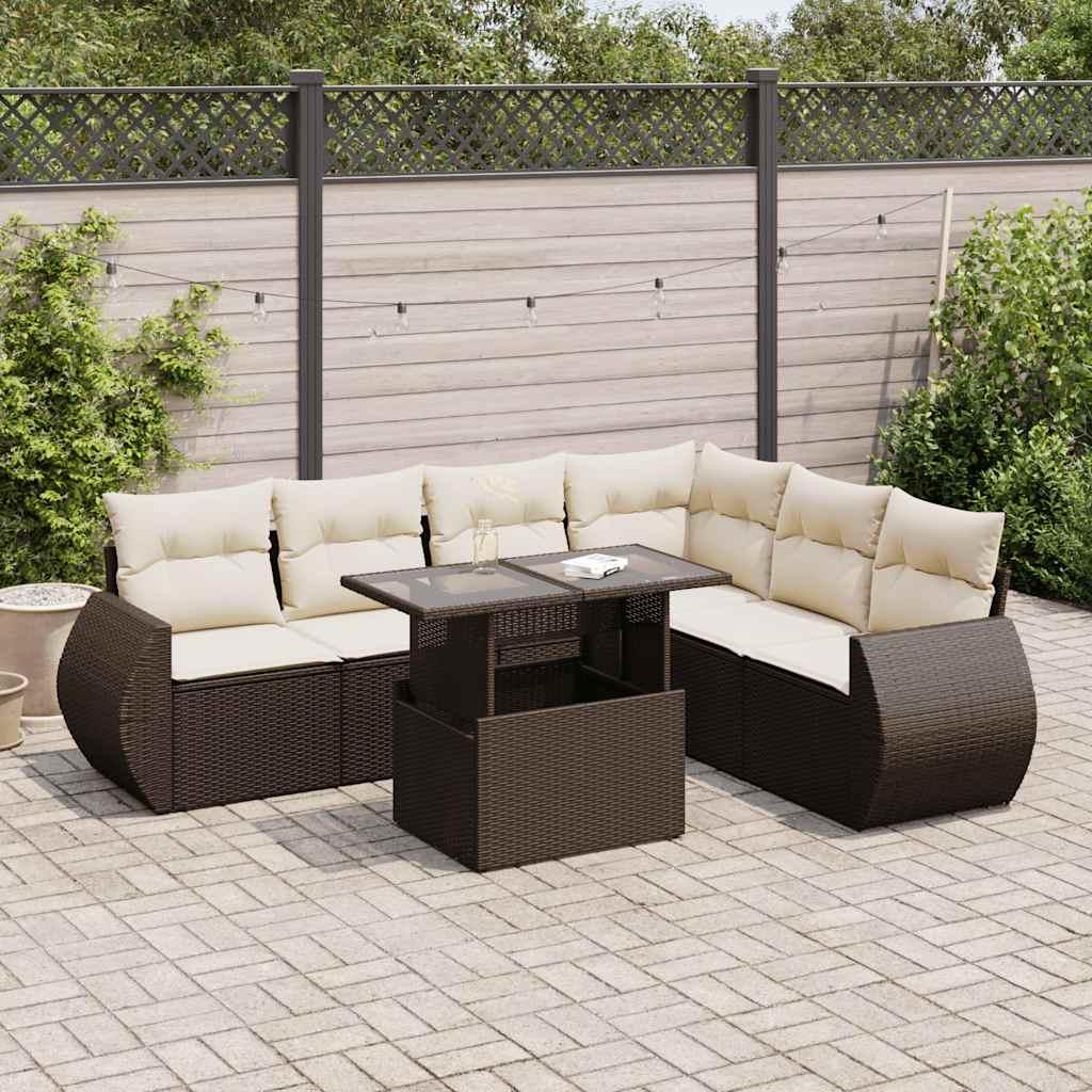 Sofasæt Til Haven 7 Dele Med Hynder Polyrattan Sort - Brun og cremefarvet / med opbevaring