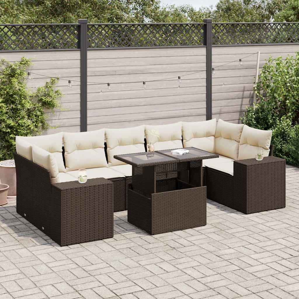 Sofasæt Til Haven 8 Dele Med Hynder Polyrattan Sort - Brun og cremefarvet / med opbevaring