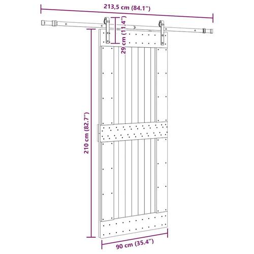 Skydedør med monteringssæt 90x210 cm massivt fyrretræ