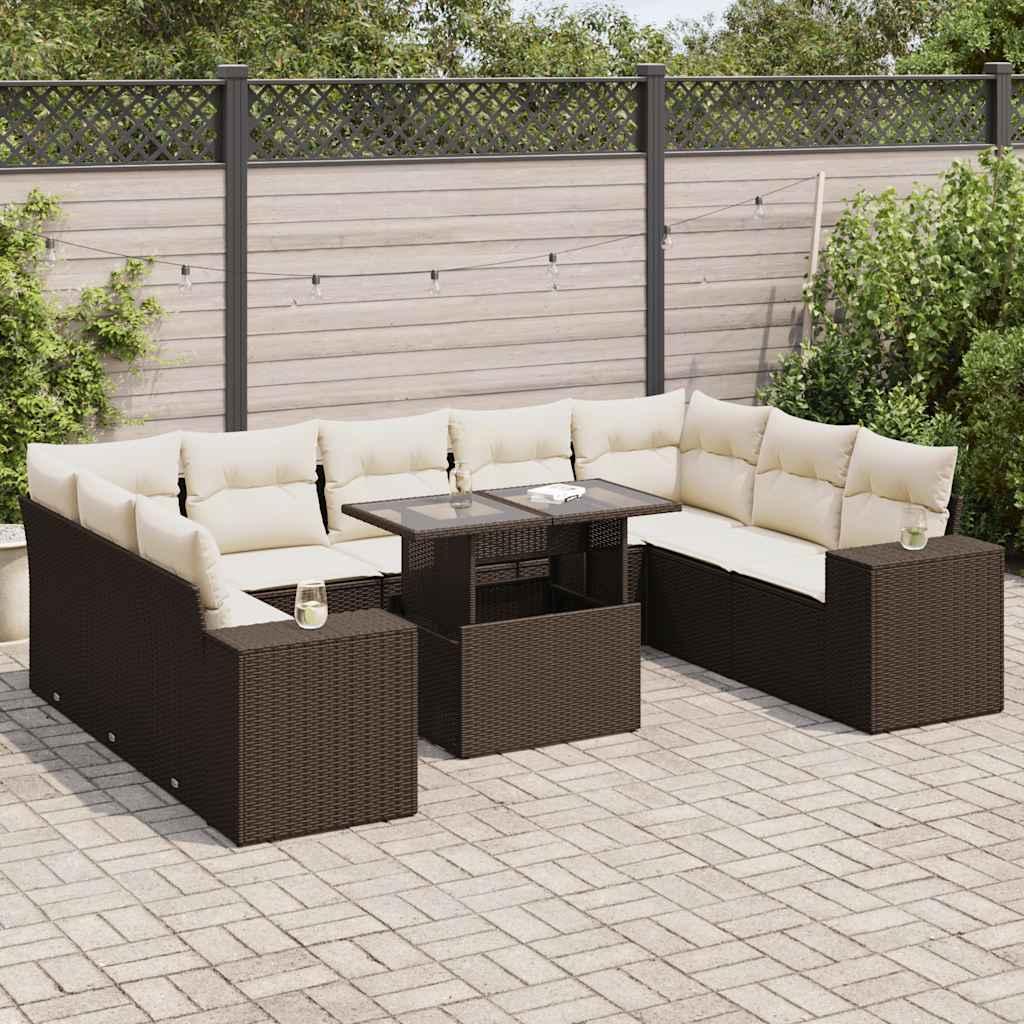 Sofasæt Til Haven 10 Dele Med Hynder Polyrattan - Brun og cremefarvet / med opbevaring