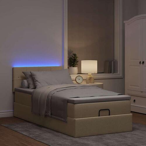 Ottoman seng med madras & LEDs 90x200 cm stof cremefarvet