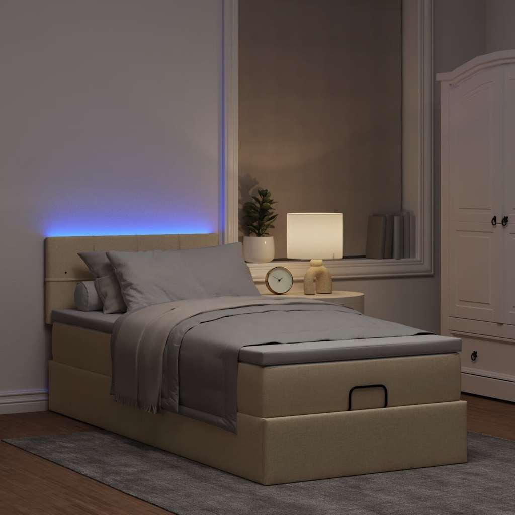 Ottoman seng med madras & LEDs 90x200 cm stof cremefarvet