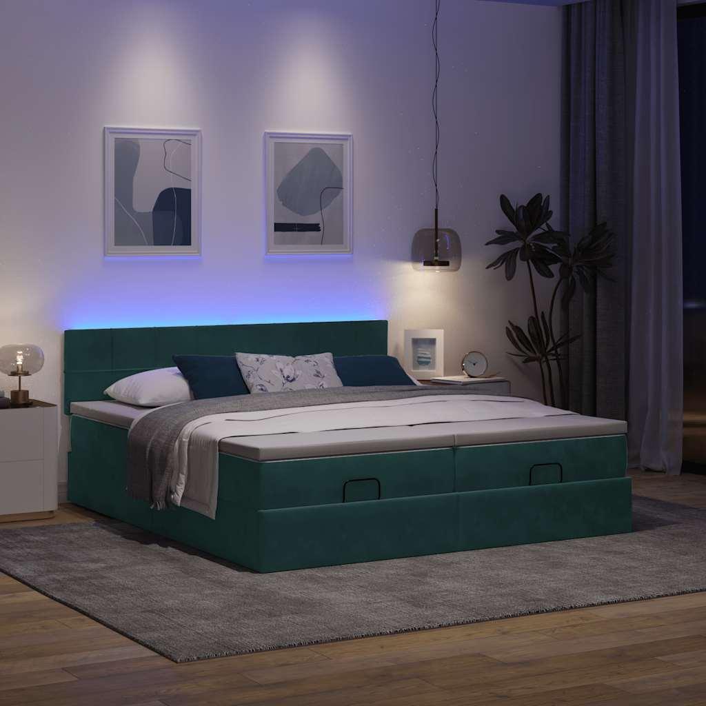 Ottomansk sengeramme med madrasser 200×200 cm - fløjl, mørkegrøn, med LED-lys og opbevaring