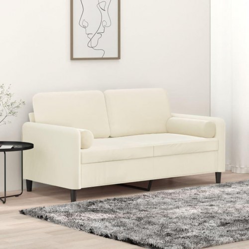 2-personers sofa i velour med pyntepuder, creme - 140 cm sædebredde