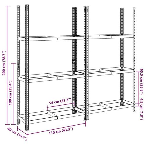 3-lags dækhylder 2 stk. 110x40x200 cm stål sølvfarvet