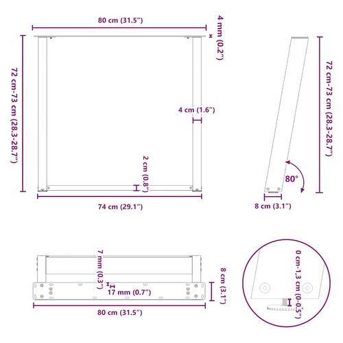 Spisebordsben U-formet 2 stk. 80x(72-73) cm stål hvid