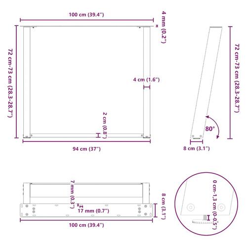 Spisebordsben U-formet 2 stk. 100x(72-73) cm stål hvid