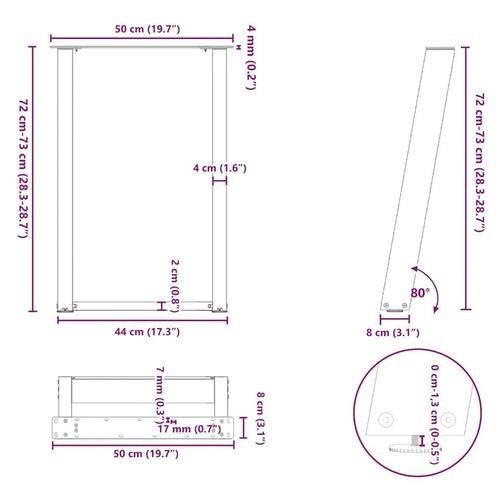 Spisebordsben U-formet 2 stk. 50x(72-73) cm stål sort