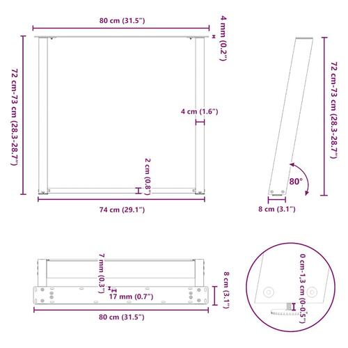 Spisebordsben U-formet 2 stk. 80x(72-73) cm stål antracitgrå