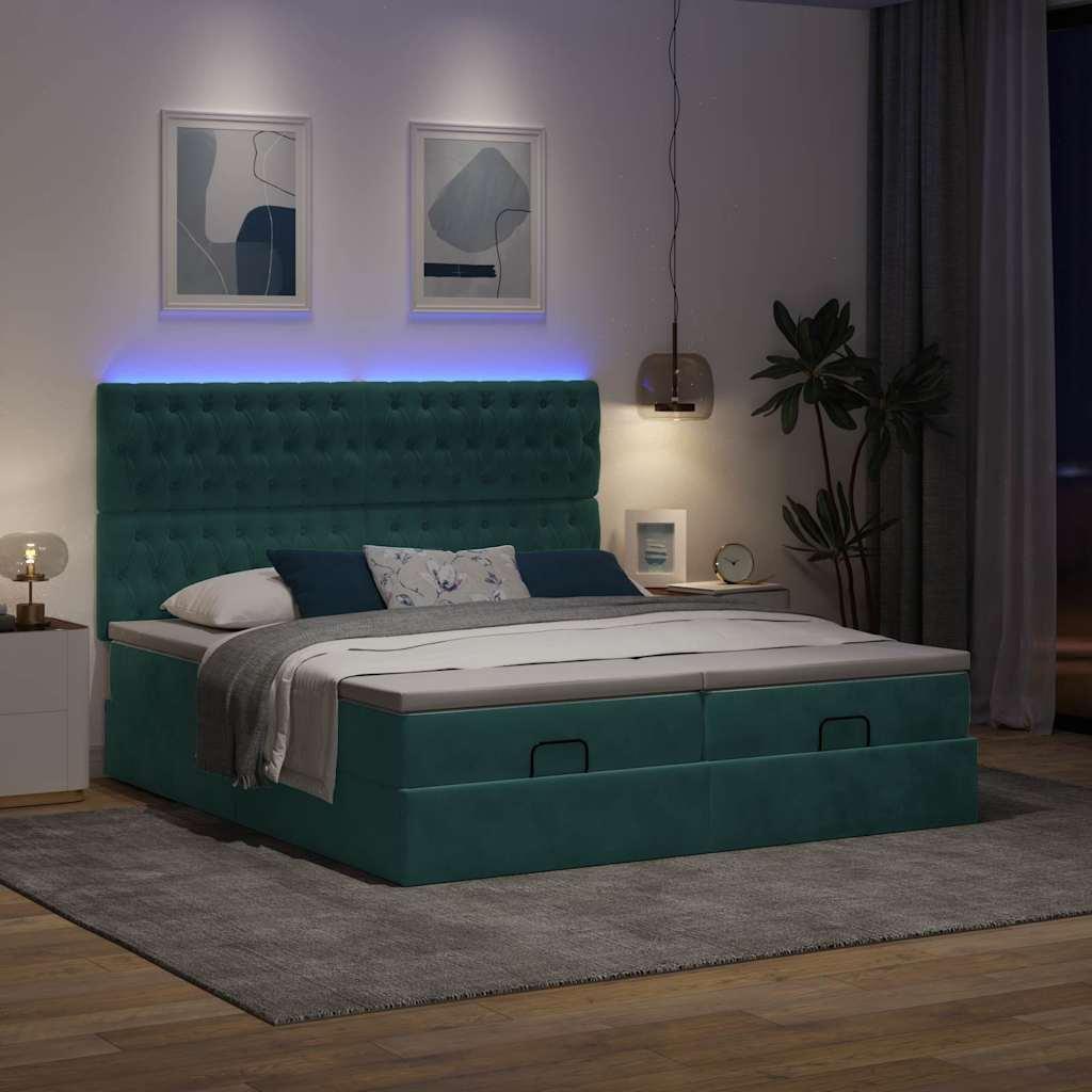 Osmannisk sengeramme med madrasser 180x200 cm i fløjl - mørkegrøn, med LED-lys og opbevaring