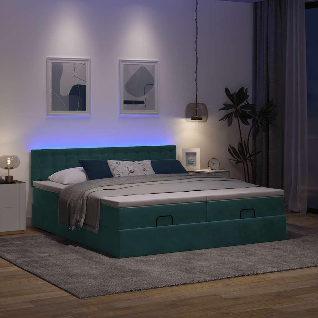 Ottomansk sengeramme med madrasser 200x200 cm - fløjl, mørkegrøn, med LED-lys og opbevaring