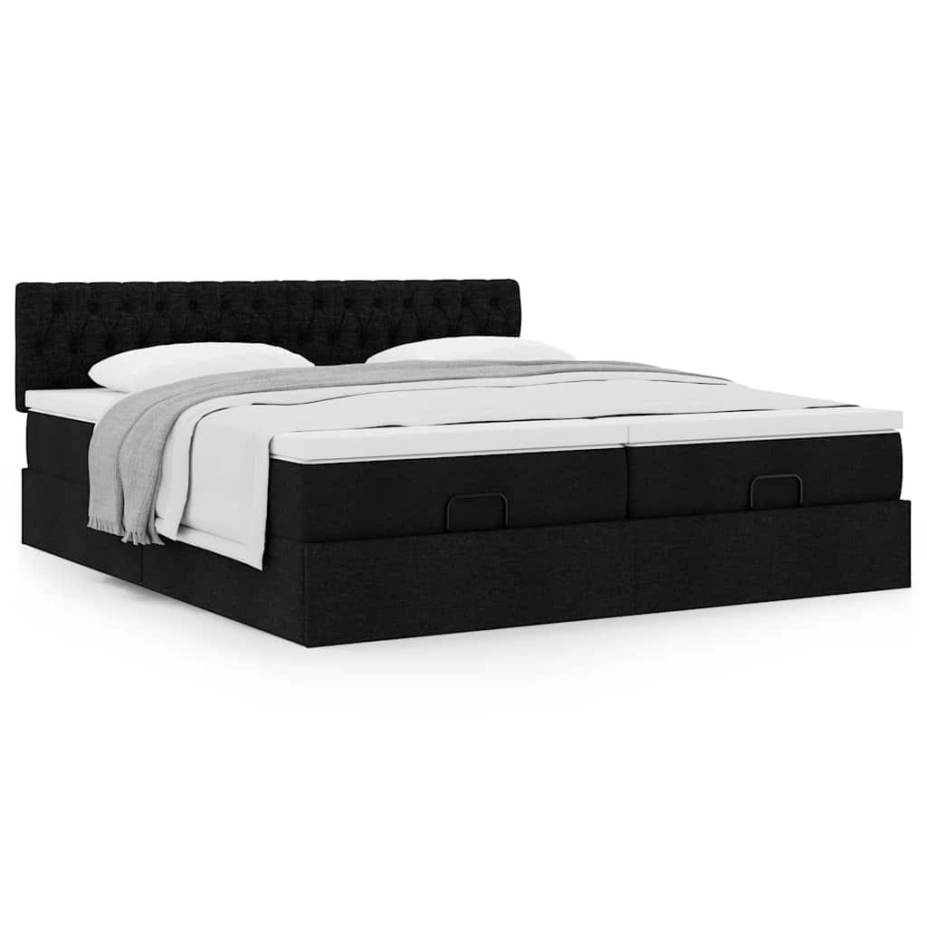 Osmannisk Sengeramme Med Madrasser Stof - Sort / Med pynteknapper / 200 x 200 cm