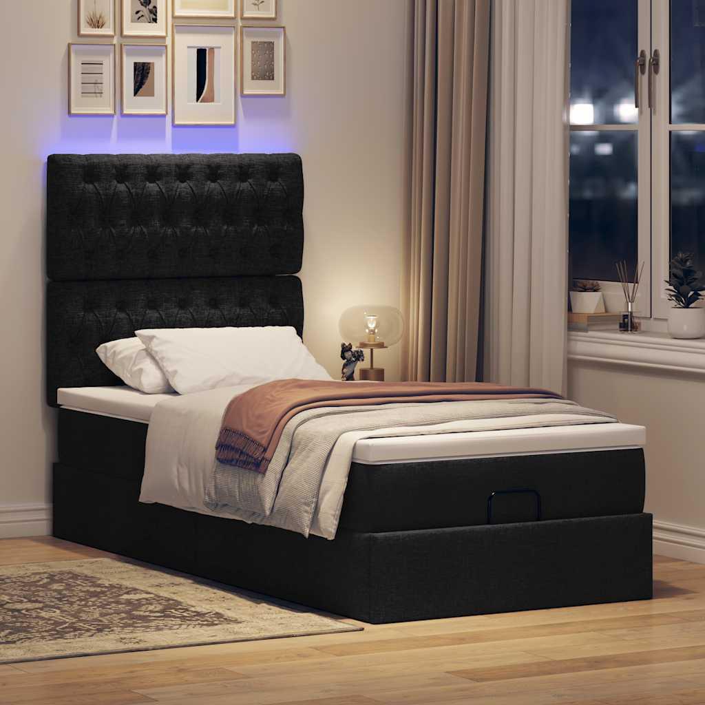 Ottomansk sengeramme med opbevaring inkl. madras 90×190 cm - stof, sort
