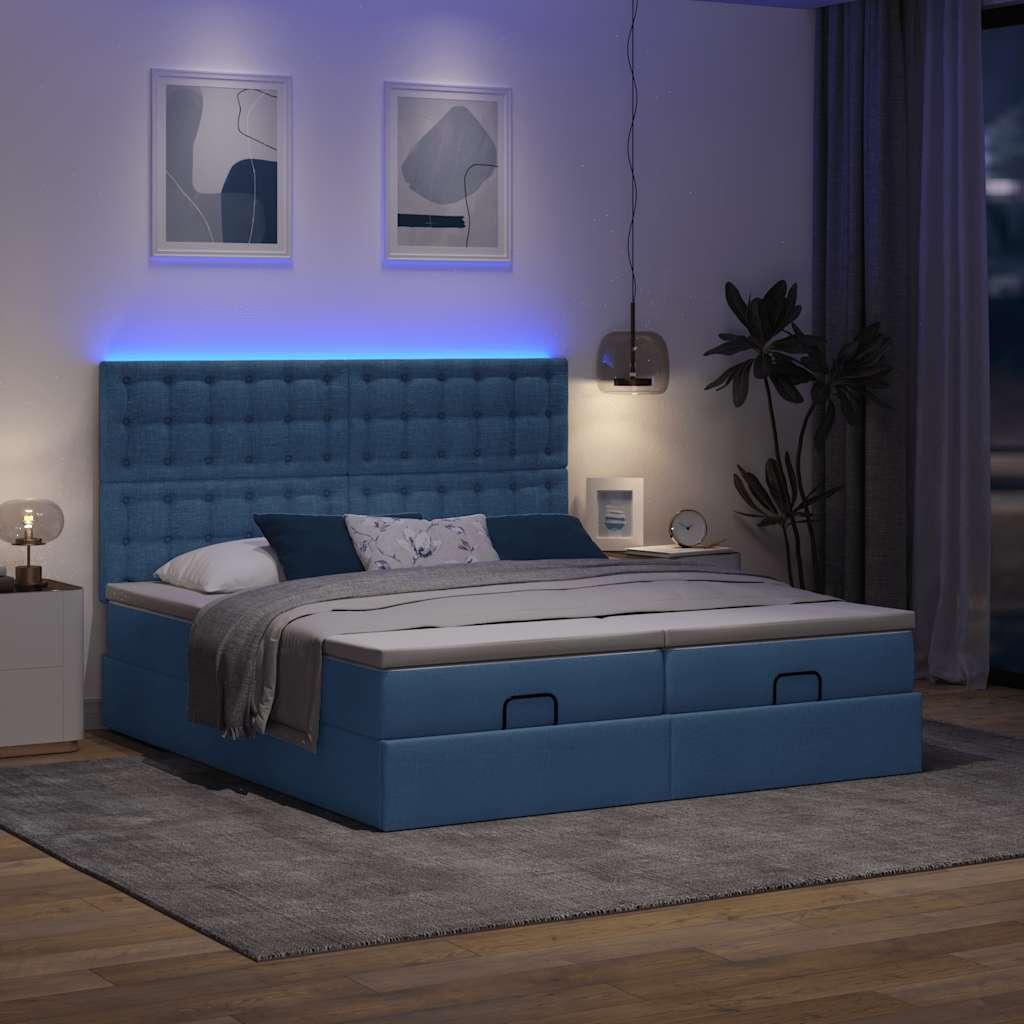 Ottomansk sengeramme med madrasser 180x200 cm - stof, blå, med LED og opbevaring
