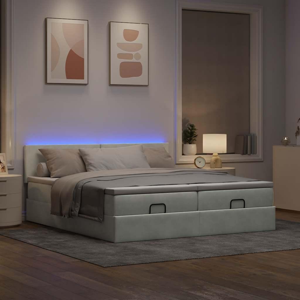 Osmannisk sengeramme med madrasser 180x200 cm - fløjl, lysegrå, med LED-lys og opbevaring