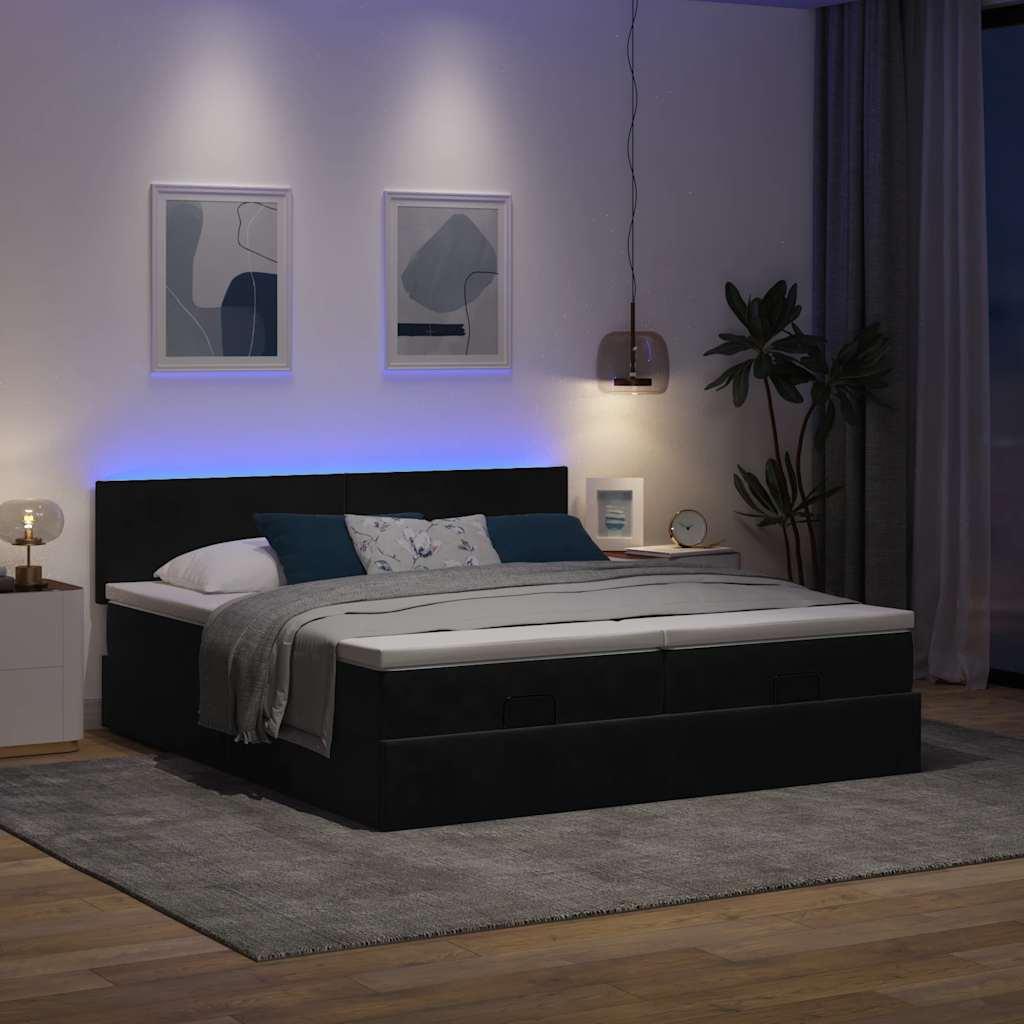 Ottomansk sengeramme med madrasser 200×200 cm - fløjl, sort, med LED-lys og opbevaring