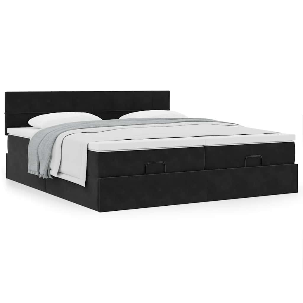 Osmannisk Sengeramme Med Madrasser Fløjl - Sort / Blok med firkanter / 200 x 200 cm